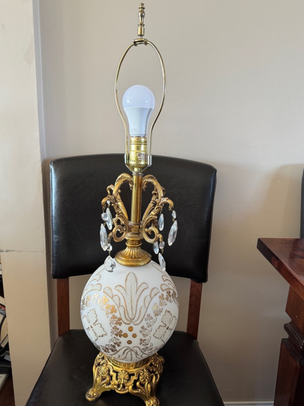 Vintage Ornate Gold and White Glass Table Lamp with Crystal Accents